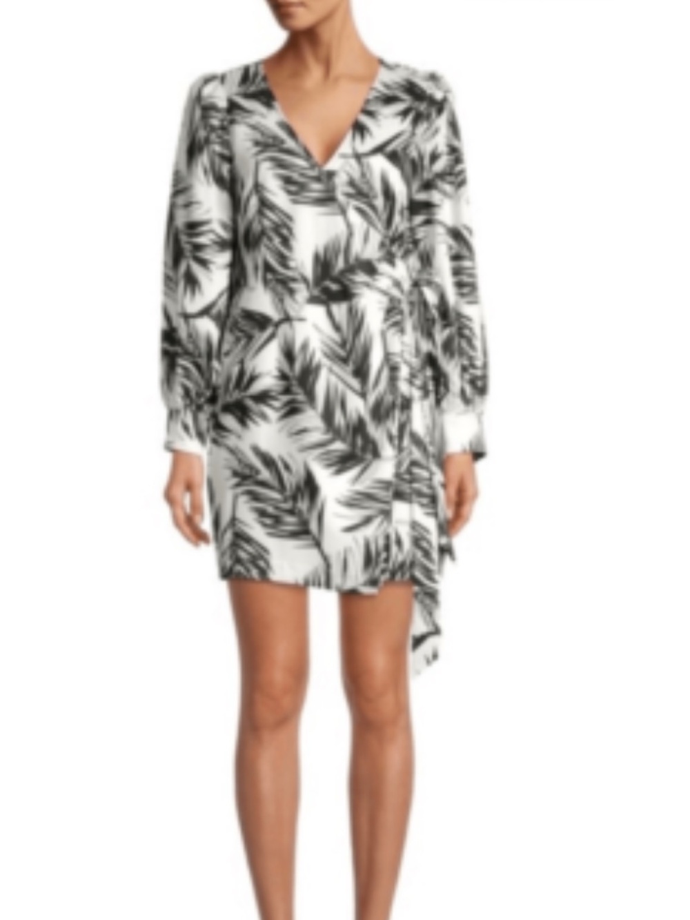 Black & White Long Sleeve Palm-Print Wrap Dress